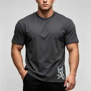Men’s dark gray cotton T-shirt with white ink cherub angel print, casual streetwear tee, loose fit short sleeve, minimalist aesthetic graphic, soft breathable fabric, everyday and gym outfits, sizes S–3XL, fast direct shipping to the U.S.