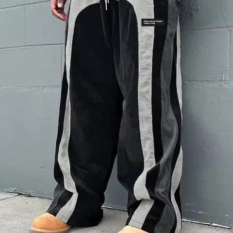 【Black Friday】Men's Colorblock Letter Patched Drawstring Waist Corduroy Pants, Casual Comfy Straight-Leg Trousers for Daily Wear, Fashion Men's Loose-Fitting Bottoms for All Seasons, Menswear, Baggy Bottoms