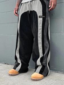 men's colorblock letter patched drawstring waist corduroy pants, loose casual comfy straight leg trousers for daily wear, pants for men, fashion men's baggy bottoms for all seasons, work pants, clothing, menswear