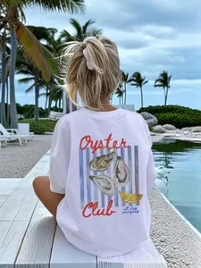 Women'S Gourmet Vacation-Style Short-Sleeve T-Shirt, Loose Fit, Oyster And Lemon Stripe Print, Breathable And Sweat-Absorbent, Suitable for Seafood Lovers, Island Vacation Top, Letter Pattern, Adult Women'S Summer Beach Fashion Short-Sleeve T-Shirt