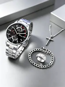 4pcs Men's Fashion Watch Set with Casual Round Dial, Pendant Necklace, Bracelet, Ring, Perfect Gift for Daily Wear, Holidays, Birthdays, Father's Day