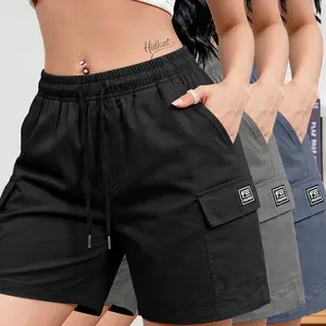Set of 3 women’s casual cargo shorts—elastic drawstring waist design, multiple pockets, regular fit, suitable for everyday wear and leisure activities; summer clothing, women’s shorts. Summer vibe