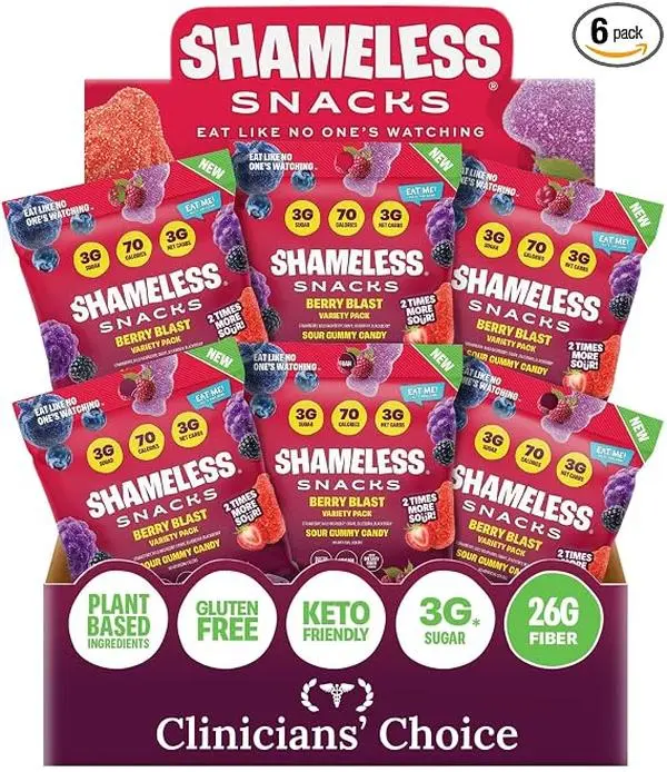 Shameless Snacks Berry Blast Gummy Candy Variety Pack | Keto Low Sugar Gummies, High Fiber Fruit Snacks, Vegan Gluten Free Candy Treats