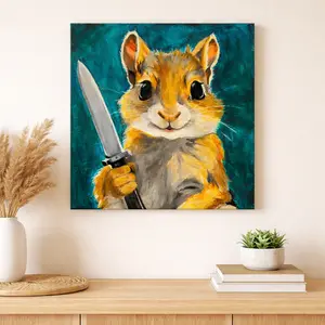 16"x16" Chipmunk Holding Knife Art Print | Whimsical Animal Satin Poster