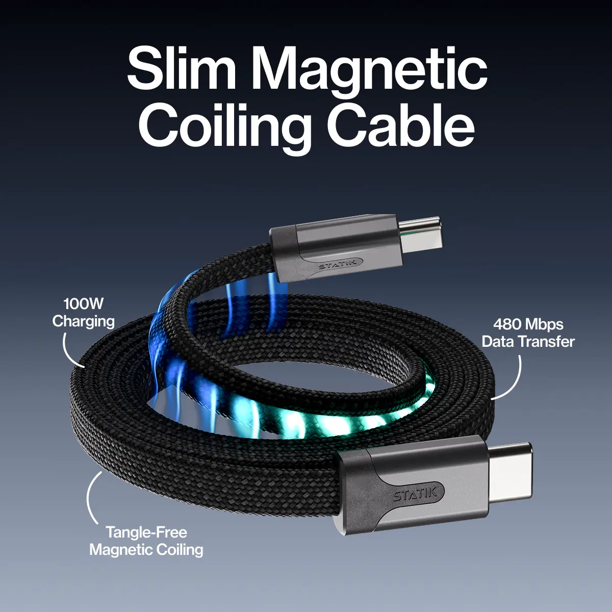 STATIK MagStack Slim: Cable 100W Fast Charge 480Mbps Data 10,000 Bend Braided Nylon Magnetic Auto-Coiling for Laptops Tablets Phones STATIK MagStack Slim: Cable 100W Fast Charge 480Mbps Data 10,000 Bend Braided Nylon Magnetic Auto-Coiling for Laptops Tablets Phones