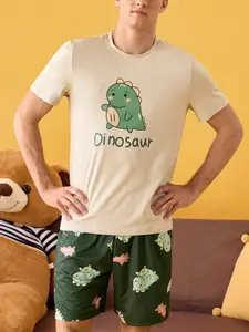Men's Spring & Fall Sleepwear Set, Casual Comfortable Dinosaur Print, Men's Home Loungewear, Soft and Cozy Nightwear, Shorts Pj Set