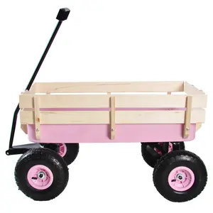 Outdoor Wagon All Terrain Pulling w/Wood Railing Air Tires Garden Cart 39.37 in Length 19.30 in Width 20.28 in Height 28.60 lbs Weight Ergonomic Handle Large Loading Capacity 176 lbs