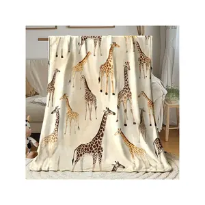 1pc Giraffe Print Flannel Blanket - Lightweight, Soft & Warm Digital Print Bedding, Sofa, Travel, Camping, Living Room, Office - Contemporary Style, All-Season Use, Giraffe Decor