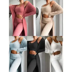 Cozy Luxe Lounge Set - Plain Long Sleeve Above the Ankle All Seasons Women's Pajama & Nightwear Chic Cropped Tank High-Waisted Trousers Longline Cardigan