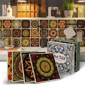 12/24PCS/Box ART PE Crystal Tile Stickers, Vintage Gold & Red Mandala Art Tile, Waterproof Oil-Proof