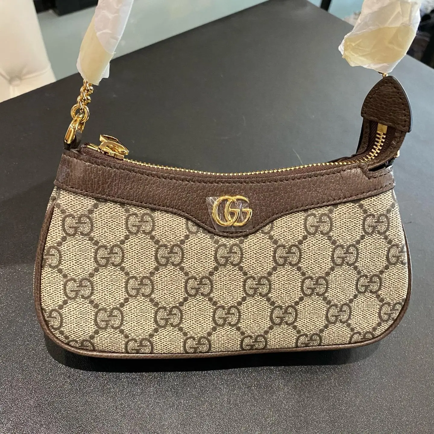 Pre-owned Gucci Ophidia Mini Chain Bag 764960 K9GSG 8367 in beige and ebony GG Supreme XH168