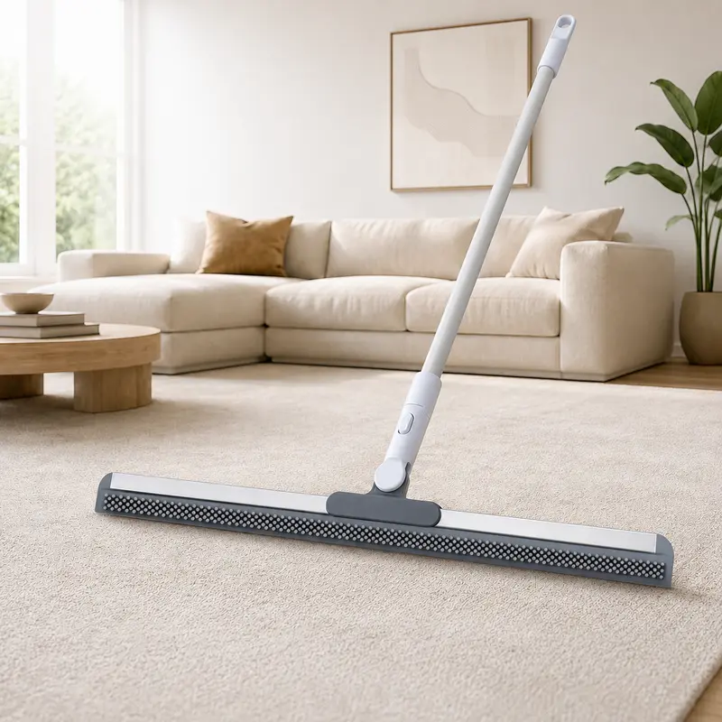 4-in-1 Adjustable Long Handle Sturdy Broom - Multifunctional Wet/Dry Mop Squeegee with High-Density Silicone Pet Hair Remover, 180° Rotatable Retract & Reach Head, Streak-Free Garage Cleaning Tool, Home Care Supplies (Carton Packaged)