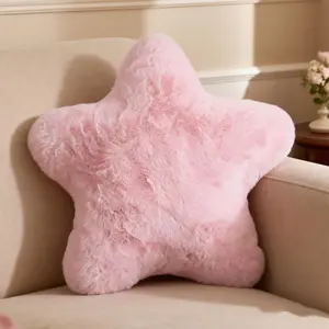 Star Pillows, Light Pink Star Shaped Decorative Throw Pillow, Cute Plush Fluffy Faux Rabbit Fur 14"x14" Pillow, Lovely Room Decor Gift for Living Bedroom