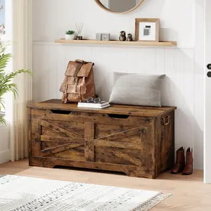 Rustic Storage Chest 39.4" Farmhouse Bench Solid Wood Toy Chest with Safety Hinge 350 lb Capacity for Entryway & Bedroom Brown