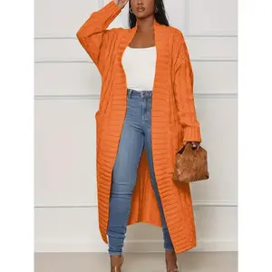 Plus Size Casual Cardigan, Women's Plus Cable Knitted Long Sleeve Open Front Medium Stretch Sweater Cardigan With Pockets