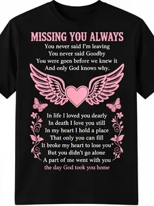 Men's Emotional Black T-Shirt with Angel Wings & "Missing You Always" Message - Comfortable Round Neck Suitable for Memorial Gifts, Remembrance Apparel, Casual Wear