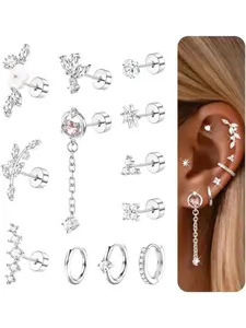 12Pcs Helix Piercing Surgical Steel Jewellery for Women Gold Silver Hoop Cartilage Earrings Set Flat Back Stud Earring Cubic Zirconia Hypoallergenic Earrings Conch Daith Tragus Rook Piercings