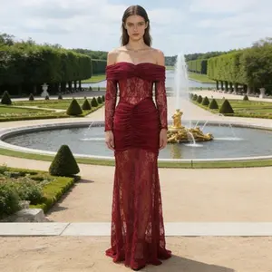 2025 Autumn New Women’s Elegant Lace-Paneled Off-Shoulder Long-Sleeve Bodycon Maxi Evening Gown