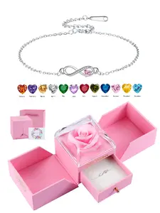 Love Heart CZ Birthstone Infinity Bracelets With Rose Jewelry Gift Box, Endless Love Symbol Bracelets for Women, Anniversary Birthday Christmas Jewelry Gift for Wife Mom Daughter, Heart Shaped Bracelet
