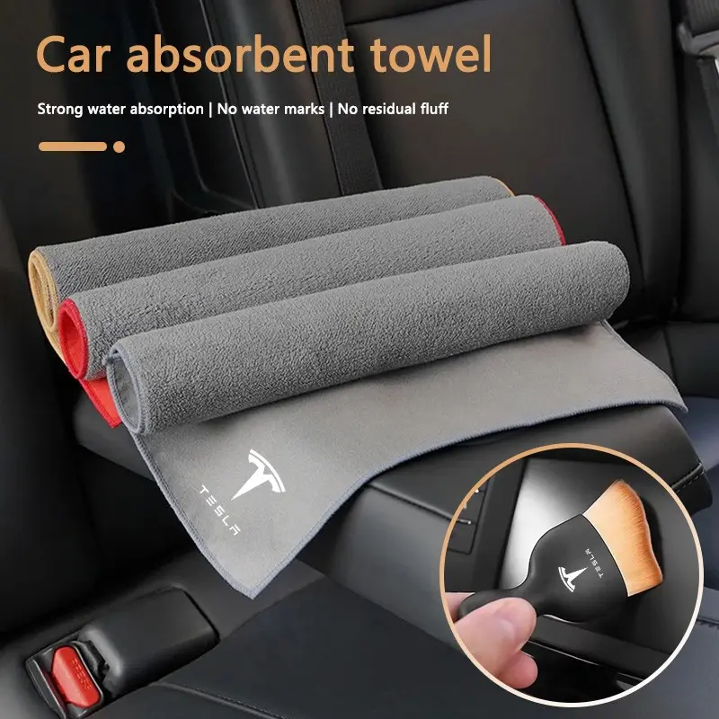 Car Interior Cleaning Tool Soft Brush+Suede Fleece Microfiber Wash Towel Cloth For Tesla Model 3 Model S X Model Y Juniper Roadster 2021 Cybertruck Juguete SpaceX Car Cleaning Supplies