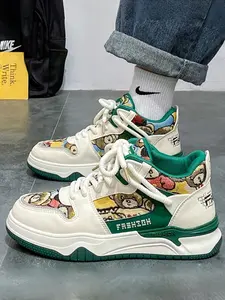 Men's White-Green Bear Print Platform High-Top Sneakers: Leather Splicing + Height-Increasing Anti-Slip, Trendy Casual Sports Shoes