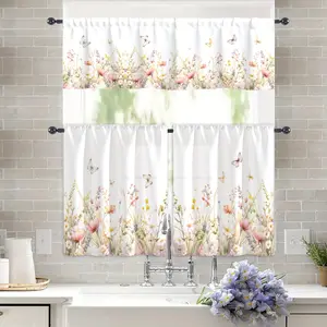 SoftHaven Home 1PC Valance & 2PCS Curtain Set - Made in USA, Vintage Watercolor Floral Butterfly Print, Rod Pocket Light Filtering, 120gsm Peach Skin Polyester, Ideal Decor for Kitchen, Living Room, Bedroom