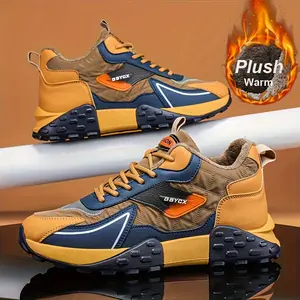 Men's Plush Lined High Top Snow Boots - Trendy Comfortable Casual Outdoor Walking Shoes for Boys - Khaki Synthetic Footwear with Knee Closure