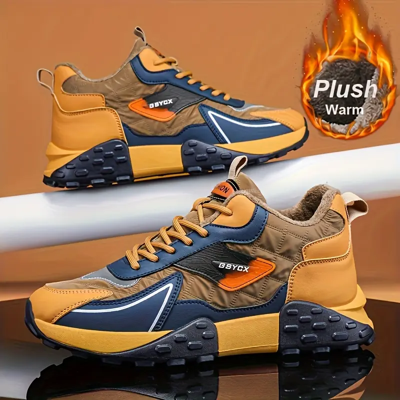 Men's Plush Lined High Top Snow Boots - Trendy Comfortable Casual Outdoor Walking Shoes for Boys - Khaki Synthetic Footwear with Knee Closure
