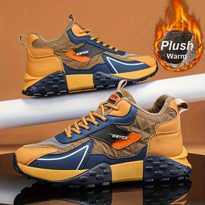 Men's Plush Lined High Top Snow Boots - Trendy Comfortable Casual Outdoor Walking Shoes for Boys - Khaki Synthetic Footwear with Knee Closure