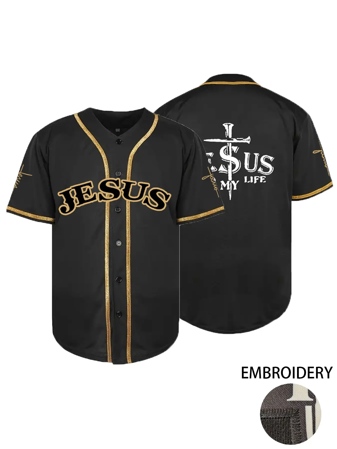 Men's "JESUS" Stitched Baseball Shirt, Embroidery Sportswear, Casual Short Sleeve V-Neck Comfortable Breathable Baseball Jersey, Button Front T-Shirt, Outdoor Sports & Games, Parties,Unisex, All Seasons