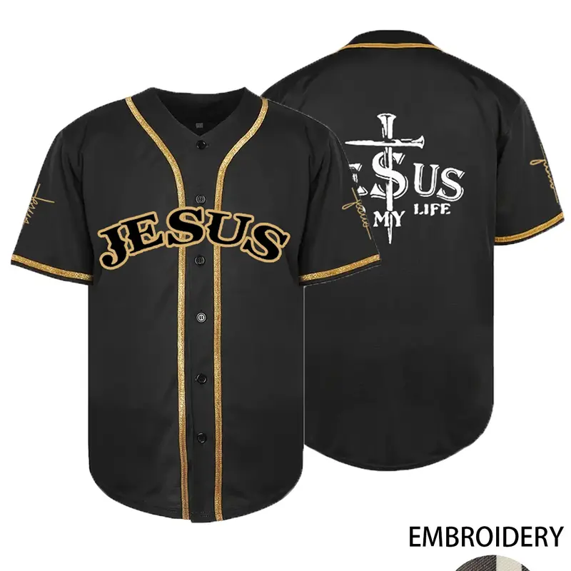 Men's "JESUS" Stitched Baseball Shirt, Casual Short Sleeve V-Neck Comfortable Breathable Baseball Jersey, Button Front T-Shirt, Embroidery Sportswear, Outdoor Sports & Games, Parties,Unisex, All Seasons