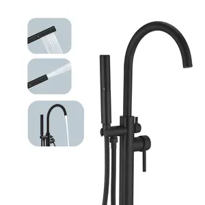 BESy Freestanding Bathtub Faucet Tub Filler Floor Mount Stand Brass Bathroom Tub Faucets with 2 Function Hand Shower Wand Swivel Spout, Matte Black Finish