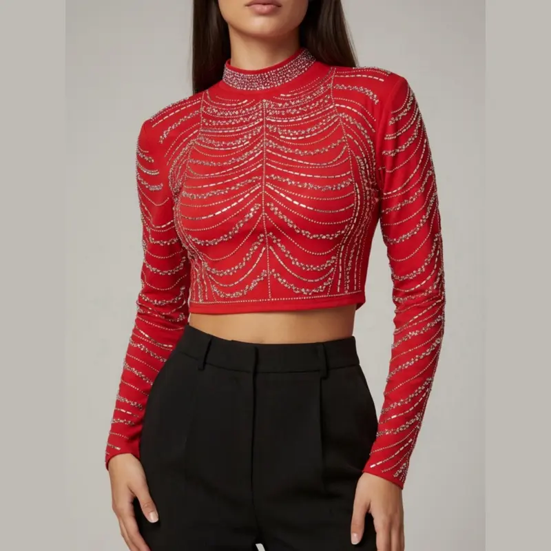 Women's Vera Long-Sleeve Sequin-Embellished Red Crop Blouse - Elegance-Focused Top for Women to Coordinate with Bottoms, Longsleeves