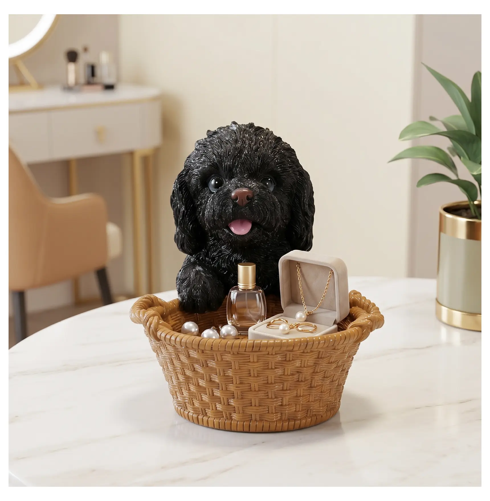 Black Poodle Statue with Basket, Resin Dog Decor for Entryway - Cute Teddy Dog Storage Bowl, Unique Gift for Dog Lovers Yellow+Black + Resin
