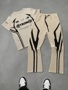 Men's Letter ＆ Striped Print Short Sleeve Tee & Long Pants Two-piece Set Outfit, Regular Fit Casual Round Neck T-shirt & Trousers, Men's Summer Clothes for Daily Wear Activewear, Menswear