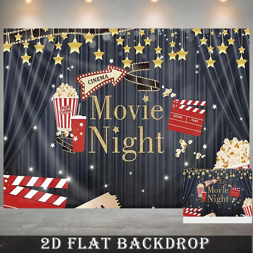 1PC Polyester 2D Flat Movie Night Backdrop Banners - Party Decoration Photo Cloth with Popcorn, Film Clapperboard Elements for Birthday Party, Home Theater Events