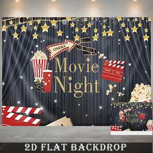 1PC,2D Flat Movie Night Theme Backdrop, Party Decoration Photo Background Cloth, Popcorn Film Clapperboard Elements, Home Theater Birthday Party Event Decoration Background Prop