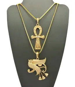 MaxBling81 Unisex Gold-Plated Ankh Cross Necklaces Set - 2 Pendants, 2mm Box & Link Chains (20" & 24"), Eye of Horus Gold-Tone Cross Religious Chain Accent Matching Set Costume Jewelry, Ankh Necklaces, Gold-Tone Cross Necklaces