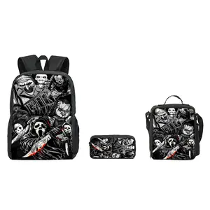3Pcs Ghost Face Backpack Set - Lightweight Large-Capacity Aesthetic Student Laptop Bookbag with Pencil Case & Lunch Bag, TikTok Trendy Back-to-School Gift for Teens