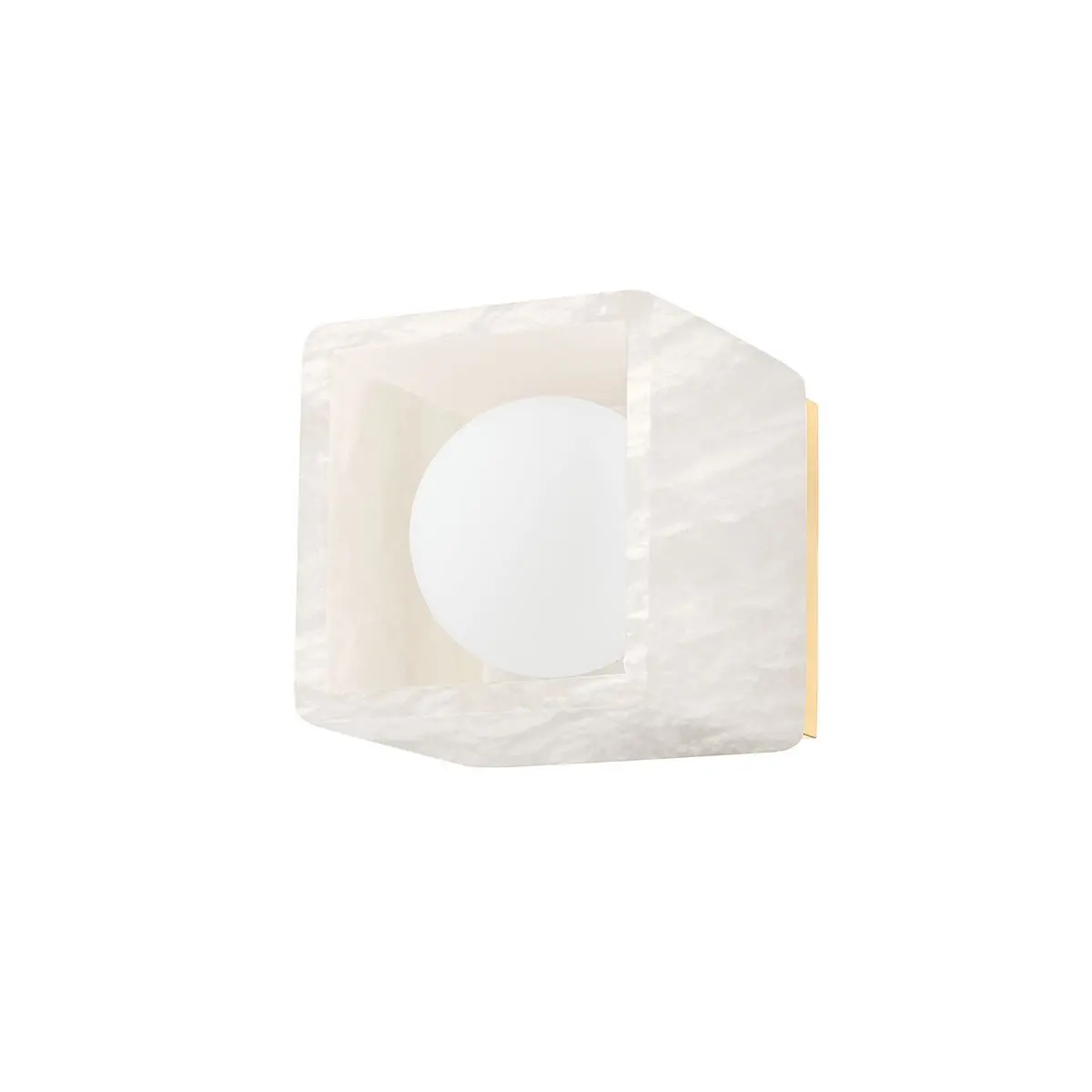 Budnick Bath Sconce with Spanish Alabaster Cube and Opal Matte Glass Globe in Aged Brass Finish