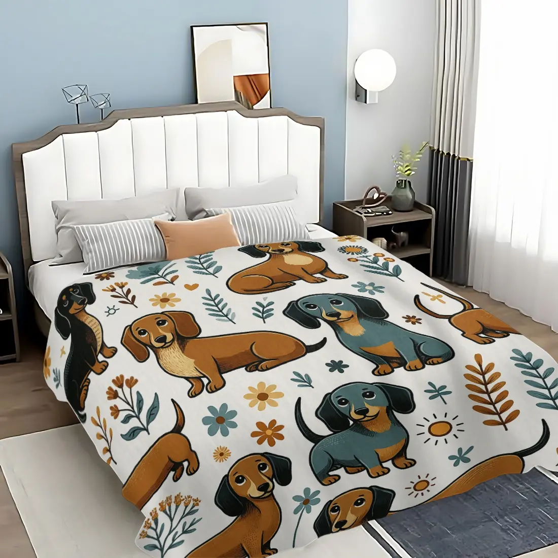 Cute Sausage Dog Print Blanket Cartoon Dog Design, Soft Comfortable Travel Sofa Bed Office Home Decor Gift, Soft Throw Blanket