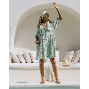 Avani Green Tropical Floral Button Down Mini Dress