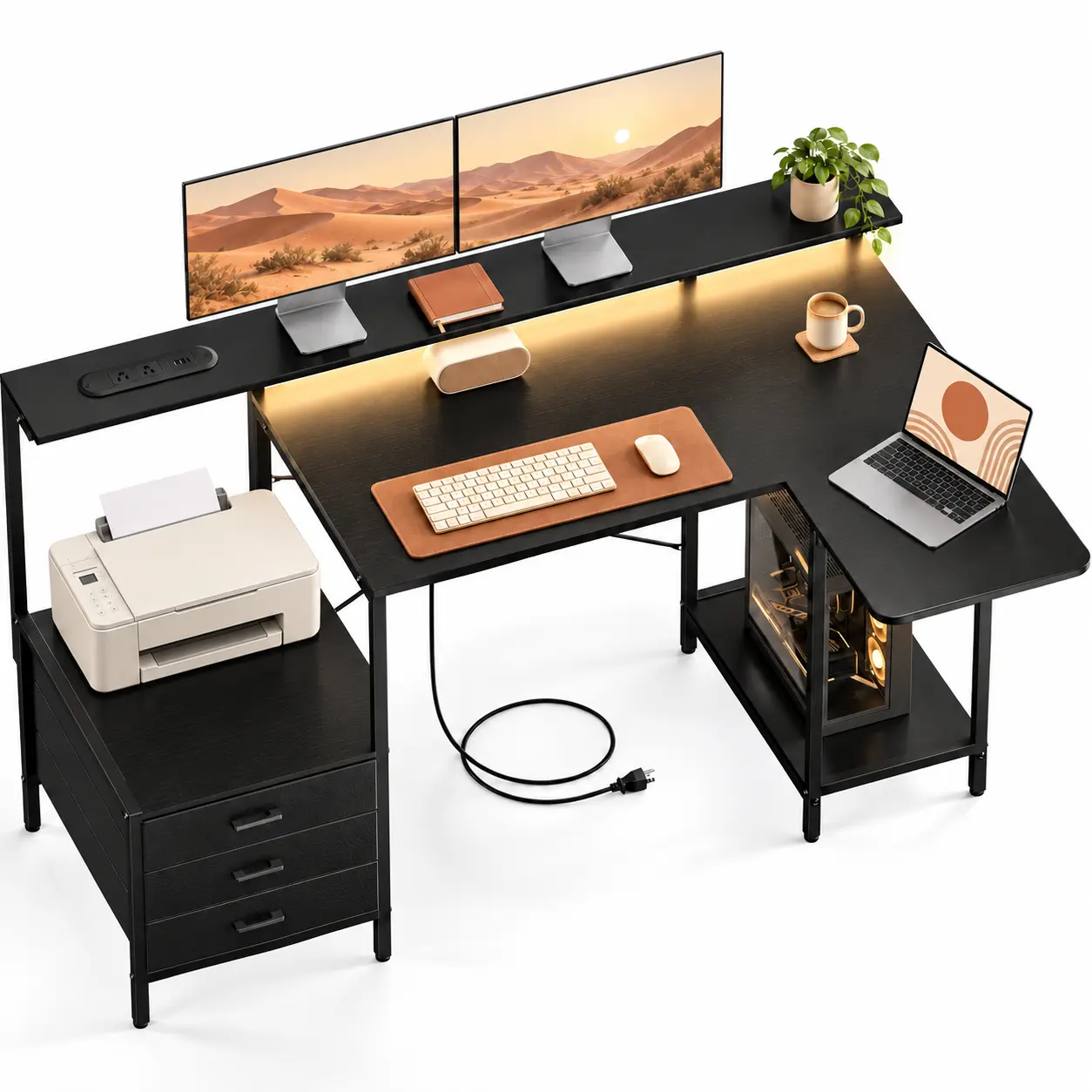 55in Gaming Desk with LED Lights, Built-in Power Outlet, Fabric Drawers, Storage Shelves, Monitor Riser, CPU Stand & Reversible Drawer Tower - Office Furniture PC Workstation for Gaming, Desk for Bedroom familyfun