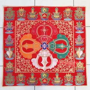 Tibetan Buddhist Ashtamangala Vajra Silk Brocade Shrine Table Cover Altar Cloth, 28”X28”, Red