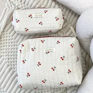 Cherry Pattern Quilted Cosmetic Storage Bag, 2 Counts/set Cute Design Makeup Bag, Zipper Makeup Organizer Pouch, Travel Storage Bag Great for Skincare, Lotion, Cream, Lip Balm, Eyeliners, Mirror, Stationery