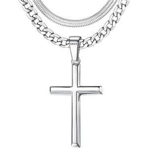 YADOCA 925 Sterling Silver Cross Necklace for Men - Waterproof Layered Sterling Silver Cross Pendant Necklaces Stainless Steel Cuban Link Herringbone Cross Chain Necklace Set Jewelry Gifts 16-30 Inches