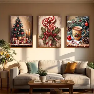 3pcs Vintage Christmas Tree Wall Art with Wooden Frame, Winter Holiday Farmhouse Decor, Cozy Living Room Hanging Canvas