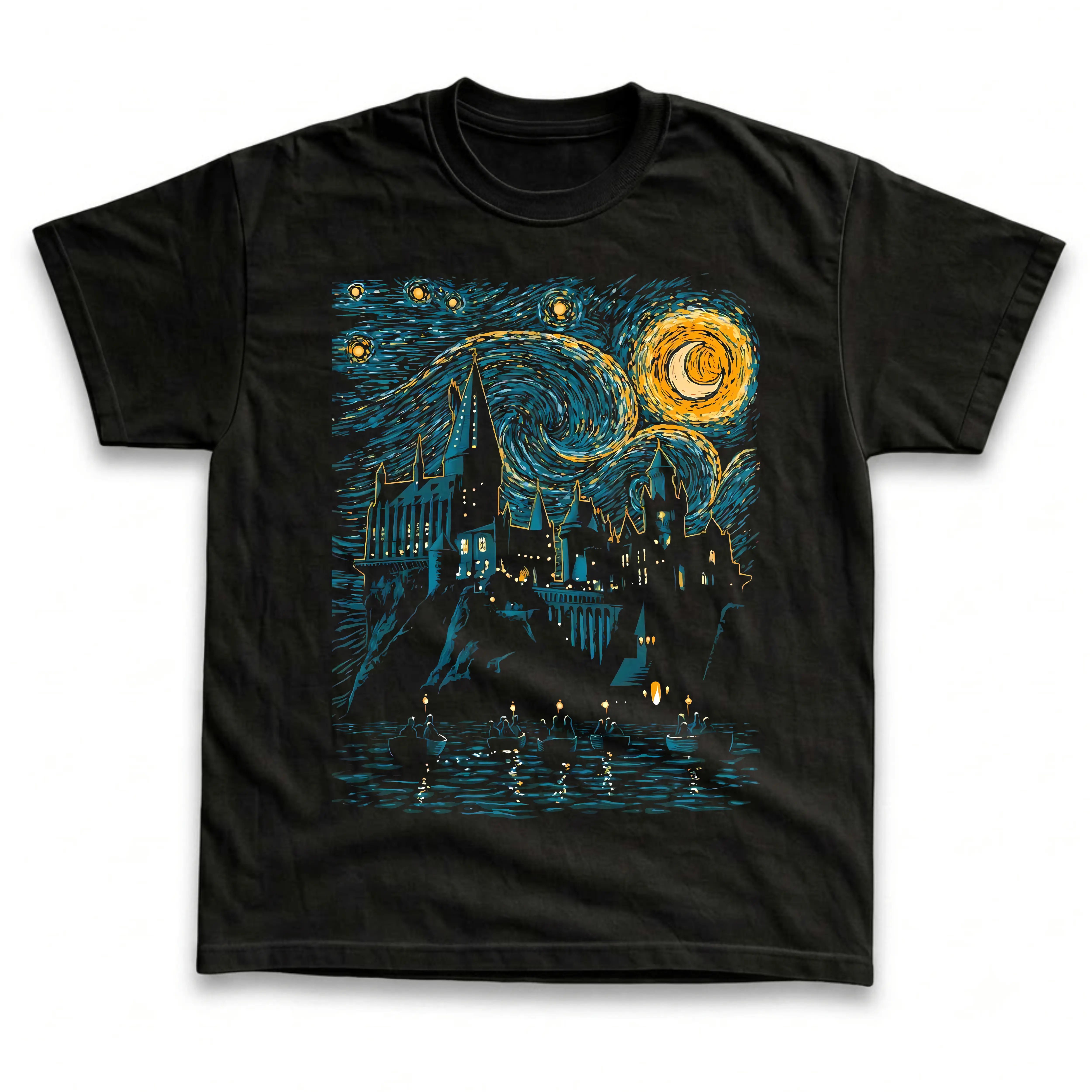 Gildan Men's and Women's T-Shirt, Vintage Hogwarts Graphic Tee, Starry Night Wizard Castle Fantasy Movie Shirt, Harry Potter Aesthetic Retro Grunge Streetwear, Magic School Fan Gift, Spooky Halloween Costume Outfit