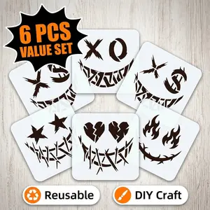 Six Vibrant Graffiti Face Templates, 4.0x4.0 Inches, Punk Rock Aesthetic, Includes Xo, Dollar Sign, Lightning Bolt Designs, Versatile Use