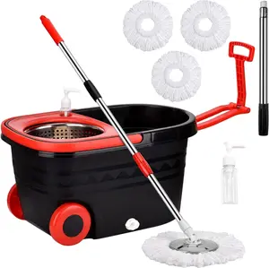 Black & Red Spin Mop Bucket with Wheels - 360° Rotating Bucket System, 3pcs Microfiber  Replacement Mop Heads, Adjustable Stainless Steel Handle Multicolor Set